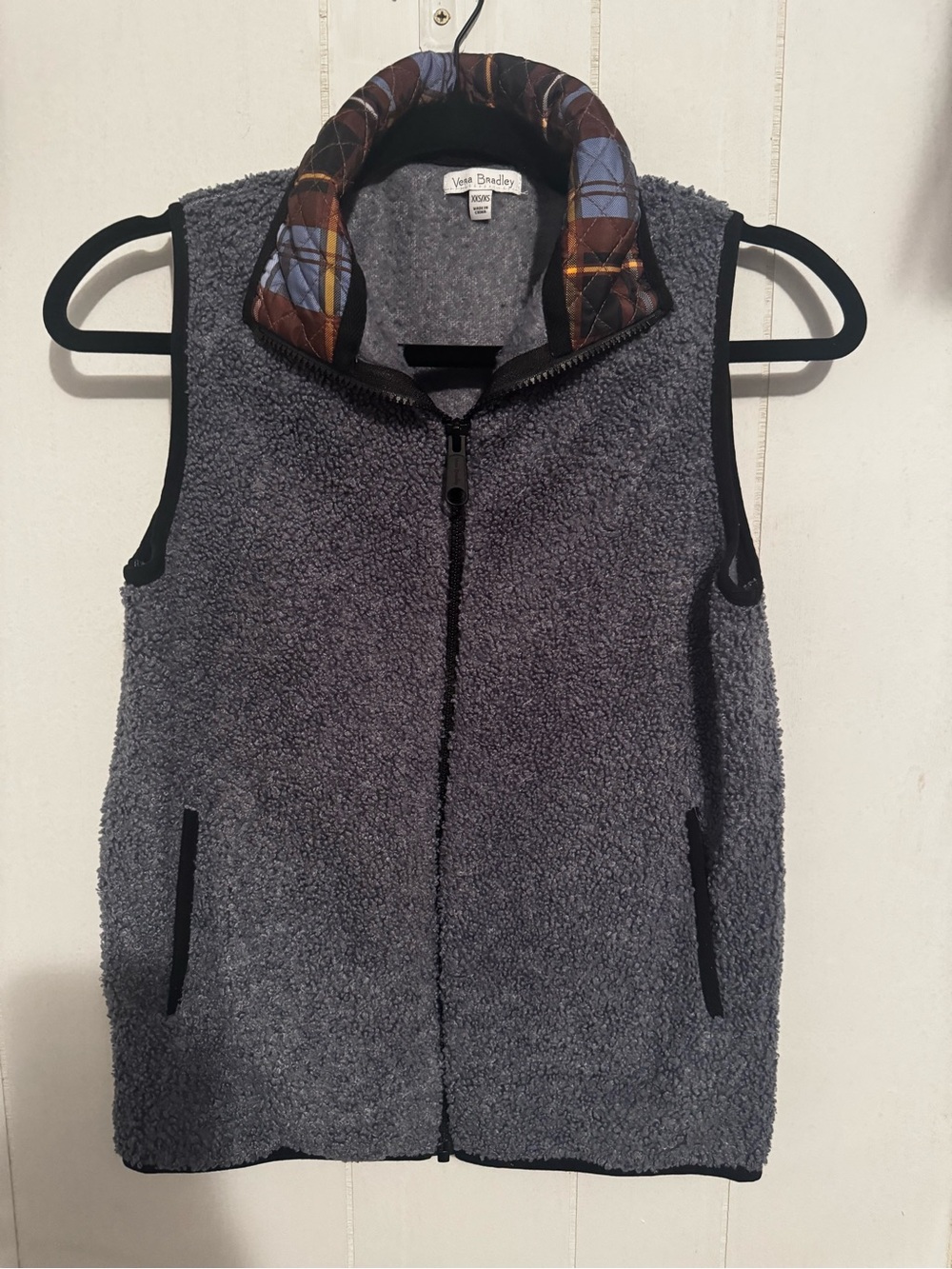 Vera Bradley Gray Sherpa Vest with Plaid-Trim Collar